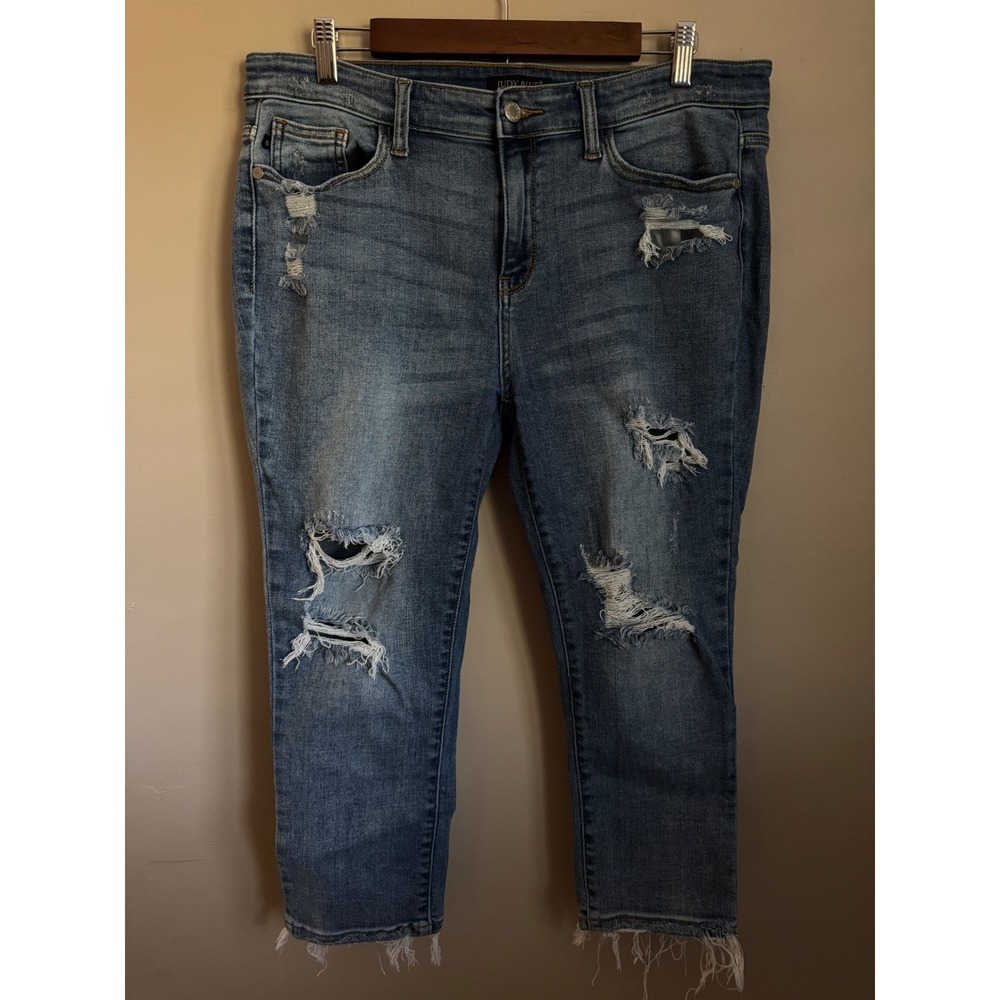 Judy Blue Distressed Jeans Women 13/31 Blue Excellent Frayed Hem Cropped Stretch